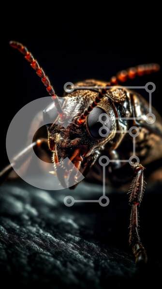 Σετ των 2 Intra Συλλεκτικό Ξύλινο Παζλ Plywood  4mm - Μια κοντινή εικόνα του κεφαλιού ενός σκαθαριού με μεγάλες γνάθους και κεραίες Σε Ξύλινο Κουτί - Διαστάσεις: 10x10 cm – 25 κομμάτια