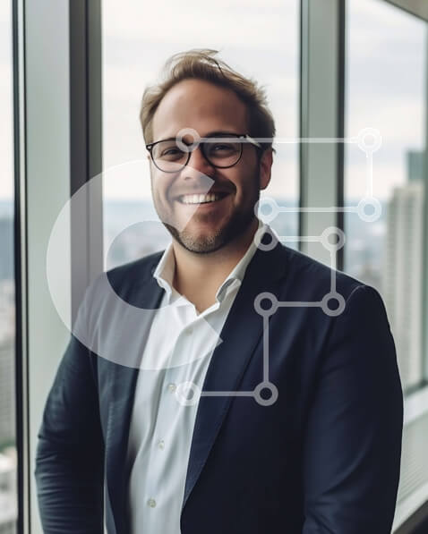 Intra Συλλεκτικό Ξύλινο Παζλ Plywood  4mm - Επαγγελματίας επιχειρηματίας που χαμογελά στην κάμερα με θέα στον ορίζοντα της πόλης πίσω του Σε Ξύλινο Κουτί - Διαστάσεις Puzzle: 10x10 cm – 25 κομμάτια