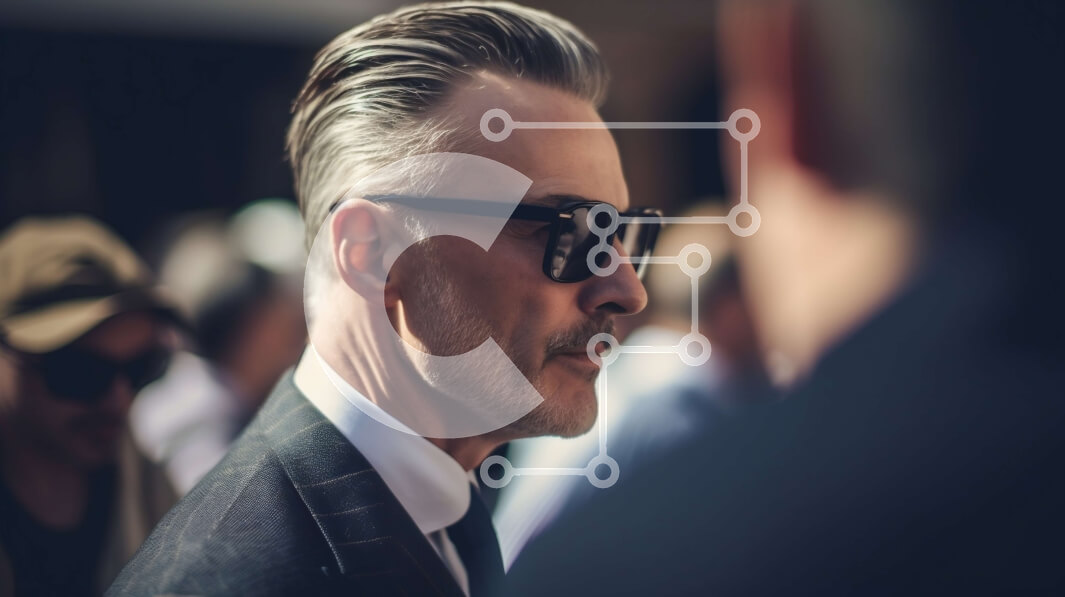 Intra Συλλεκτικό Ξύλινο Παζλ Plywood  4mm - Σοβαρός άνδρας με κοστούμι και γυαλιά ηλίου που στέκονται σε ένα πλήθος Σε Ξύλινο Κουτί - Διαστάσεις Puzzle: 10x10 cm – 25 κομμάτια