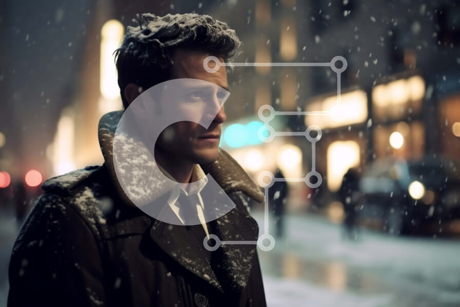 Intra Συλλεκτικό Ξύλινο Παζλ Plywood  4mm - Άνδρας που στέκεται στη Snowy Street με μαύρο παλτό και γραβάτα Σε Ξύλινο Κουτί - Διαστάσεις Puzzle: 10x10 cm – 25 κομμάτια