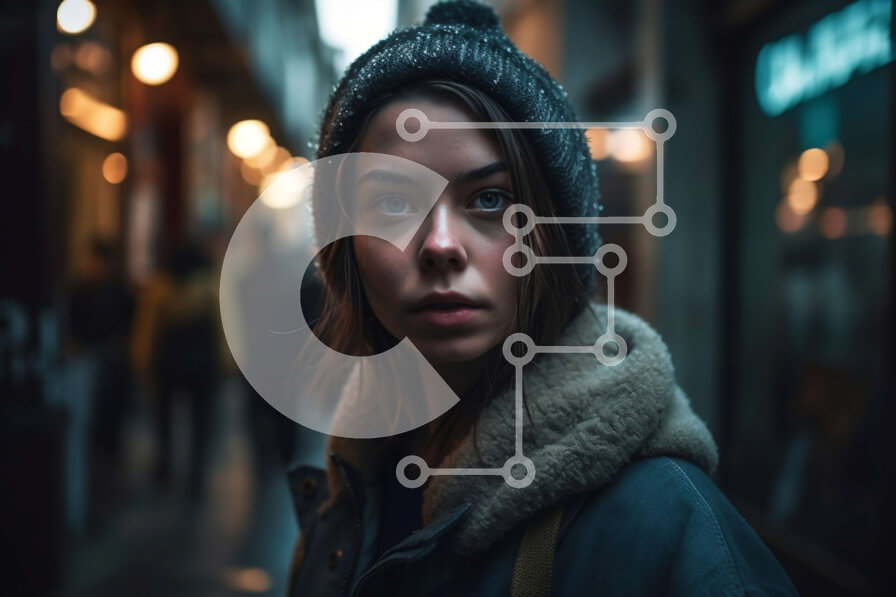 Intra Συλλεκτικό Ξύλινο Παζλ Plywood  4mm - Σοβαρή νεαρή γυναίκα σε αμυδρά φωτισμένη οδό τη νύχτα Σε Ξύλινο Κουτί - Διαστάσεις Puzzle: 10x10 cm – 25 κομμάτια