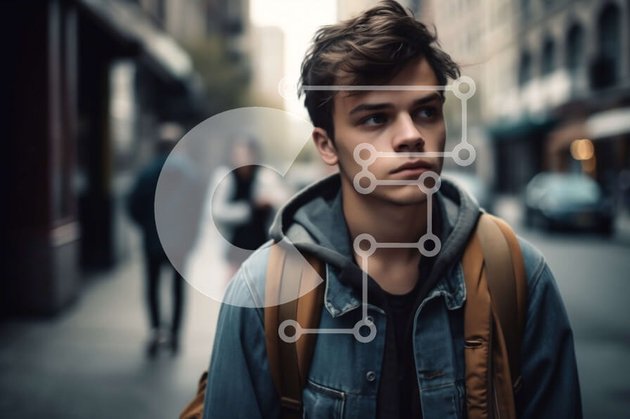 Intra Συλλεκτικό Ξύλινο Παζλ Plywood  4mm - Νεαρός άνδρας με τζιν μπουφάν και σακίδιο πλάτης στο City Street Σε Ξύλινο Κουτί - Διαστάσεις Puzzle: 10x10 cm – 25 κομμάτια