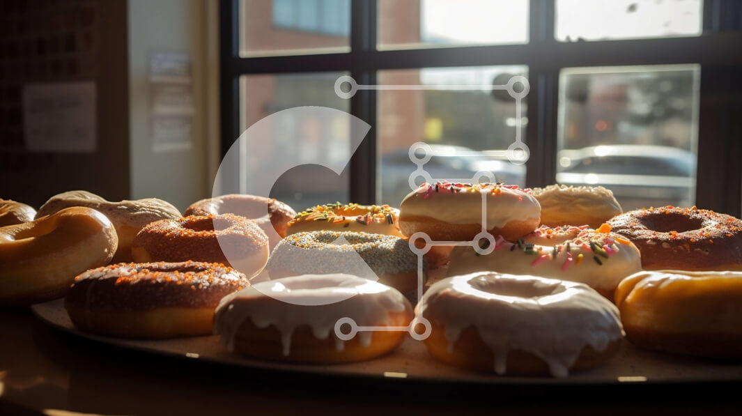 Σετ των 2 Intra Συλλεκτικό Ξύλινο Παζλ Plywood  4mm - Νόστιμα γλασμένα ντόνατς με ψεκαστήρες σε ένα τραπέζι με θέα σε μια πολυσύχναστη οδό της πόλης Σε Ξύλινο Κουτί - Διαστάσεις: 10x10 cm – 25 κομμάτια