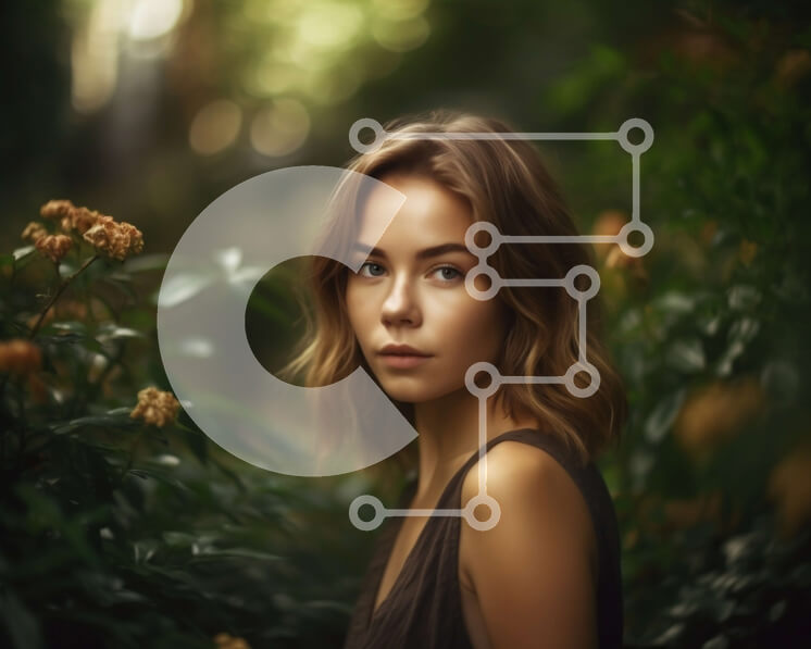 Intra Συλλεκτικό Ξύλινο Παζλ Plywood  4mm - Σοβαρή νεαρή γυναίκα που περιβάλλεται από πράσινο και λουλούδια σε μια δασώδη περιοχή Σε Ξύλινο Κουτί - Διαστάσεις Puzzle: 10x10 cm – 25 κομμάτια