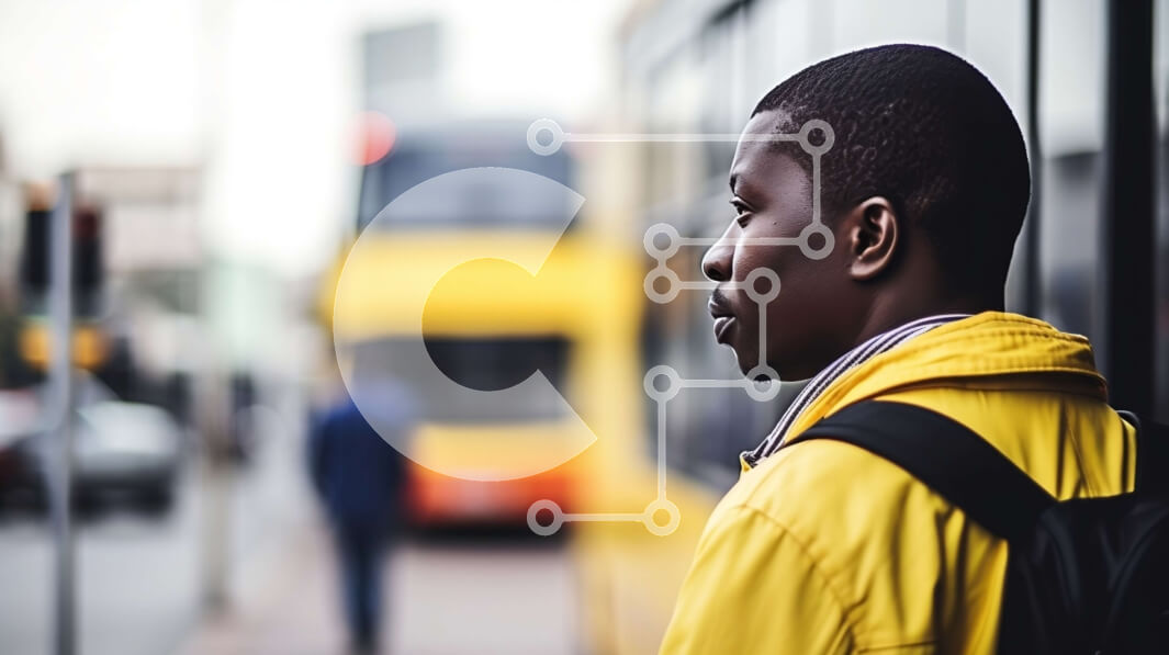 Intra Συλλεκτικό Ξύλινο Παζλ Plywood  4mm - Κομψός νεαρός άνδρας που περιμένει ένα λεωφορείο με κίτρινο σακάκι και σακίδιο Σε Ξύλινο Κουτί - Διαστάσεις Puzzle: 10x10 cm – 25 κομμάτια