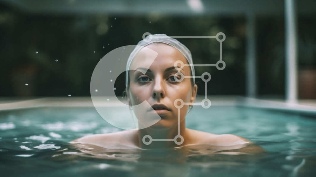 Intra Συλλεκτικό Ξύλινο Παζλ Plywood  4mm - Δραστήρια γυναίκα που κολυμπά σε πισίνα με κεφαλόδεσμο και γυαλιά Σε Ξύλινο Κουτί - Διαστάσεις Puzzle: 10x10 cm – 25 κομμάτια