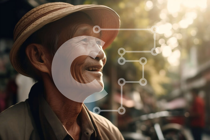 Intra Συλλεκτικό Ξύλινο Παζλ Plywood  4mm - Σοβαρός ηλικιωμένος Ασιάτης που φοράει ψάθινο καπέλο και λευκό πουκάμισο στέκεται σε έναν δρόμο Σε Ξύλινο Κουτί - Διαστάσεις Puzzle: 10x10 cm – 25 κομμάτια