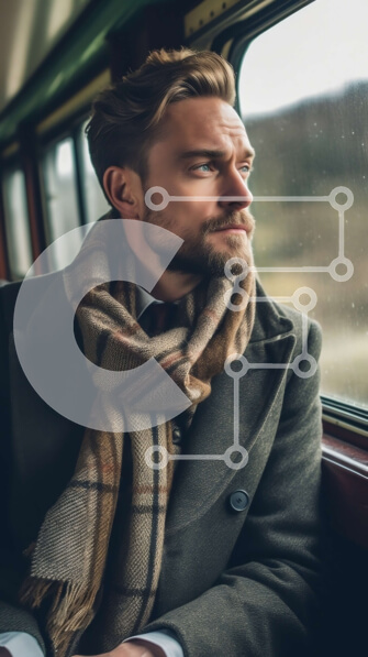 Intra Συλλεκτικό Ξύλινο Παζλ Plywood  4mm - Άνδρας που κοιτάζει έξω το παράθυρο τρένου με καρό κασκόλ και παλτό Σε Ξύλινο Κουτί - Διαστάσεις Puzzle: 10x10 cm – 25 κομμάτια