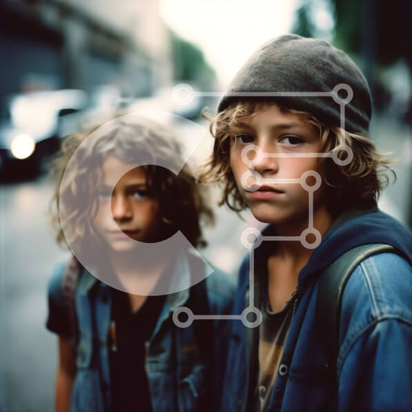 Intra Συλλεκτικό Ξύλινο Παζλ Plywood  4mm - Εικόνα δύο αγοριών που φορούν casual ρούχα σε έναν δρόμο της πόλης Σε Ξύλινο Κουτί - Διαστάσεις Puzzle: 10x10 cm – 25 κομμάτια