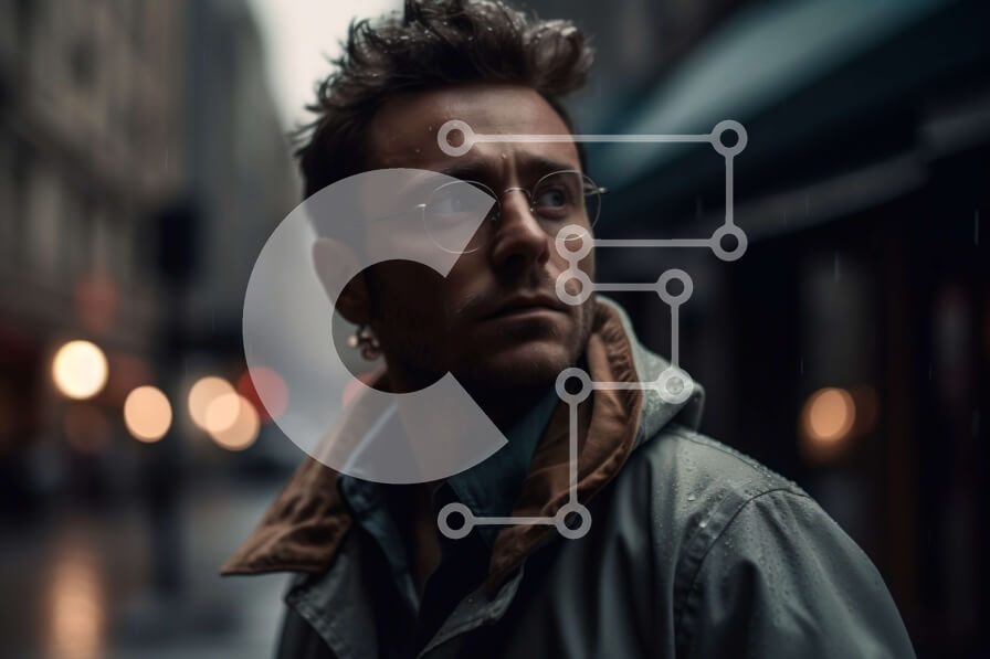 Intra Συλλεκτικό Ξύλινο Παζλ Plywood  4mm - Rainy City Street με έναν άντρα με μπουφάν και γυαλιά Σε Ξύλινο Κουτί - Διαστάσεις Puzzle: 10x10 cm – 25 κομμάτια