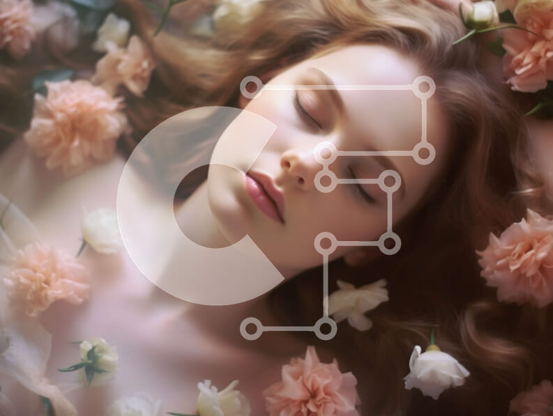 Intra Συλλεκτικό Ξύλινο Παζλ Plywood  4mm - Όμορφη νεαρή γυναίκα ξαπλωμένη ανάμεσα σε ροζ και λευκά λουλούδια Σε Ξύλινο Κουτί - Διαστάσεις Puzzle: 10x10 cm – 25 κομμάτια