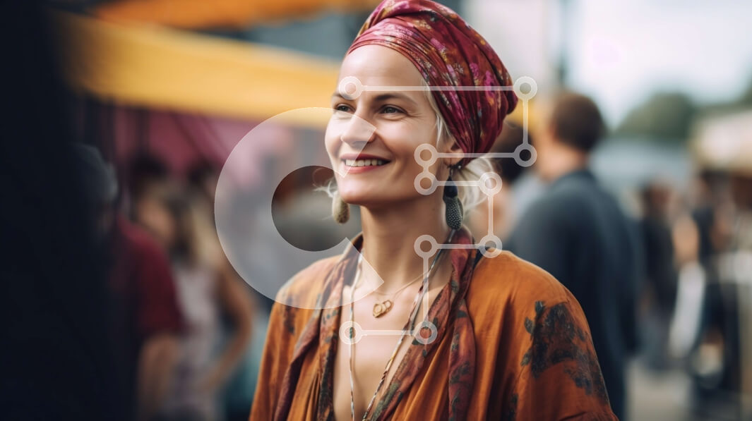 Intra Συλλεκτικό Ξύλινο Παζλ Plywood  4mm - Πορτρέτο μιας χαμογελαστής γυναίκας με μακριά σγουρά μαλλιά σε μια κόκκινη και πορτοκαλί μαντίλα Σε Ξύλινο Κουτί - Διαστάσεις Puzzle: 10x10 cm – 25 κομμάτια