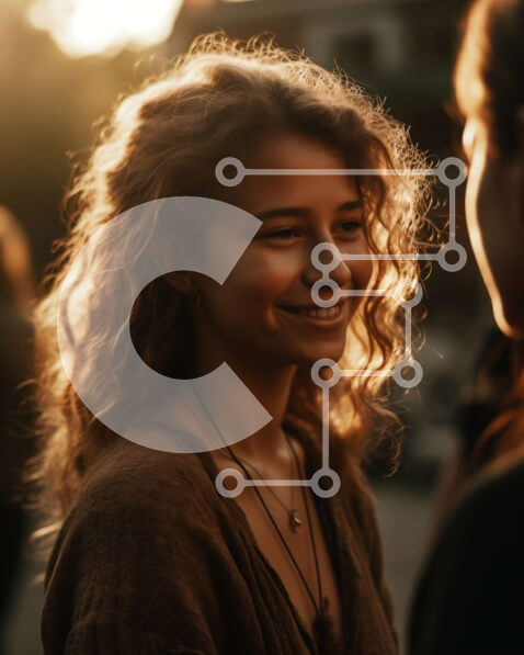 Intra Συλλεκτικό Ξύλινο Παζλ Plywood  4mm - Χαμογελαστή γυναίκα με καφέ πουλόβερ που στέκεται στο πλήθος κατά το ηλιοβασίλεμα Σε Ξύλινο Κουτί - Διαστάσεις Puzzle: 10x10 cm – 25 κομμάτια