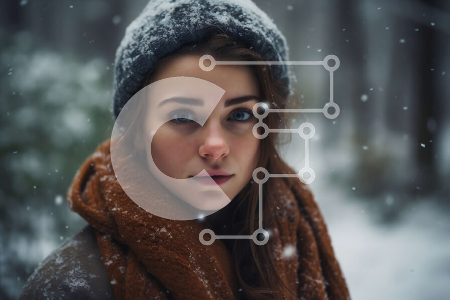 Intra Συλλεκτικό Ξύλινο Παζλ Plywood  4mm - Σοβαρή νεαρή γυναίκα στο χιονισμένο δάσος Σε Ξύλινο Κουτί - Διαστάσεις: 10x10 cm – 25 κομμάτια