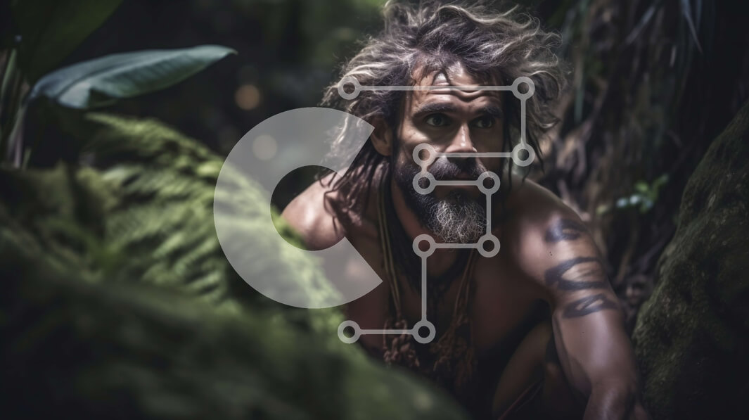 Intra Συλλεκτικό Ξύλινο Παζλ Plywood  4mm - Ασπρόμαυρη εικόνα του Σοβαρού άνδρα με μακριά μαλλιά και γένια στο Jungle Clearing Σε Ξύλινο Κουτί - Διαστάσεις Puzzle: 10x10 cm – 25 κομμάτια