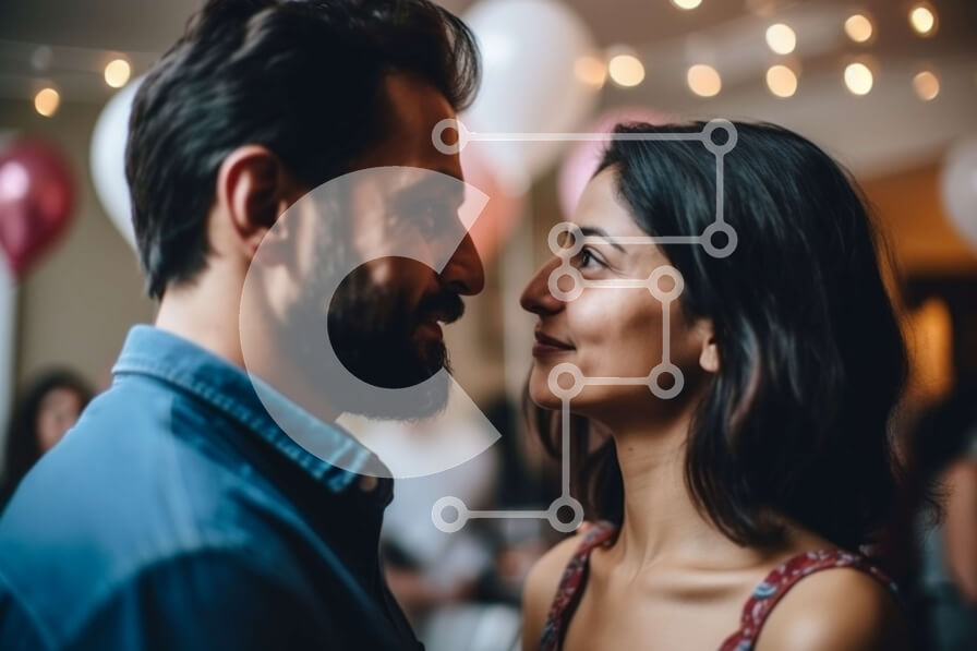 Intra Συλλεκτικό Ξύλινο Παζλ Plywood  4mm - Ευτυχισμένο ζευγάρι με μπαλόνια που χαμογελούν ο ένας στον άλλο στο δωμάτιο Σε Ξύλινο Κουτί - Διαστάσεις Puzzle: 10x10 cm – 25 κομμάτια