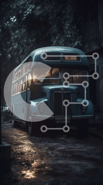 Intra Συλλεκτικό Ξύλινο Παζλ Plywood  4mm - Μπλε λεωφορείο παρκαρισμένο στην άκρη του δρόμου με το κτίριο και τα δέντρα στο παρασκήνιο Σε Ξύλινο Κουτί - Διαστάσεις Puzzle: 10x10 cm – 25 κομμάτια