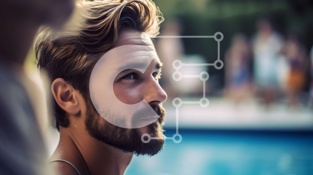 Intra Συλλεκτικό Ξύλινο Παζλ Plywood  4mm - Άνδρας δίπλα στην πισίνα με τατουάζ στον λαιμό και γενειάδα Σε Ξύλινο Κουτί - Διαστάσεις Puzzle: 10x10 cm – 25 κομμάτια