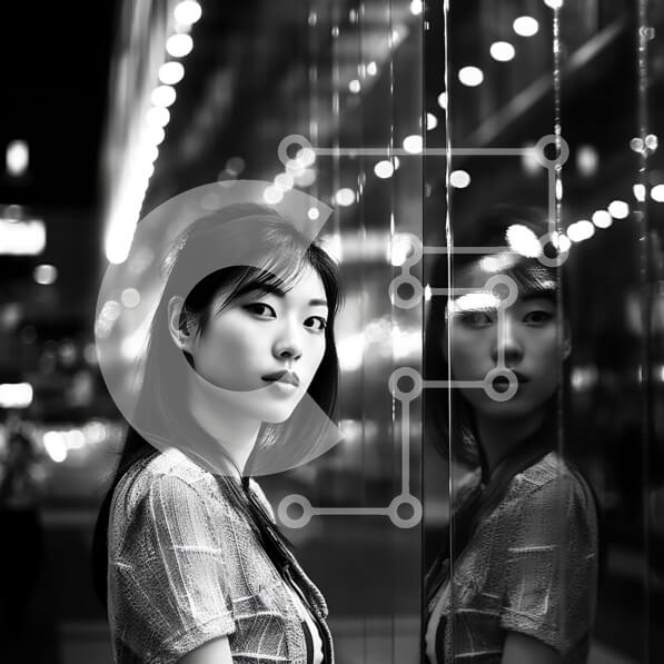 Intra Συλλεκτικό Ξύλινο Παζλ Plywood  4mm - Κομψή γυναίκα στέκεται μπροστά από το αντανακλαστικό κτίριο τη νύχτα Σε Ξύλινο Κουτί - Διαστάσεις Puzzle: 10x10 cm – 25 κομμάτια