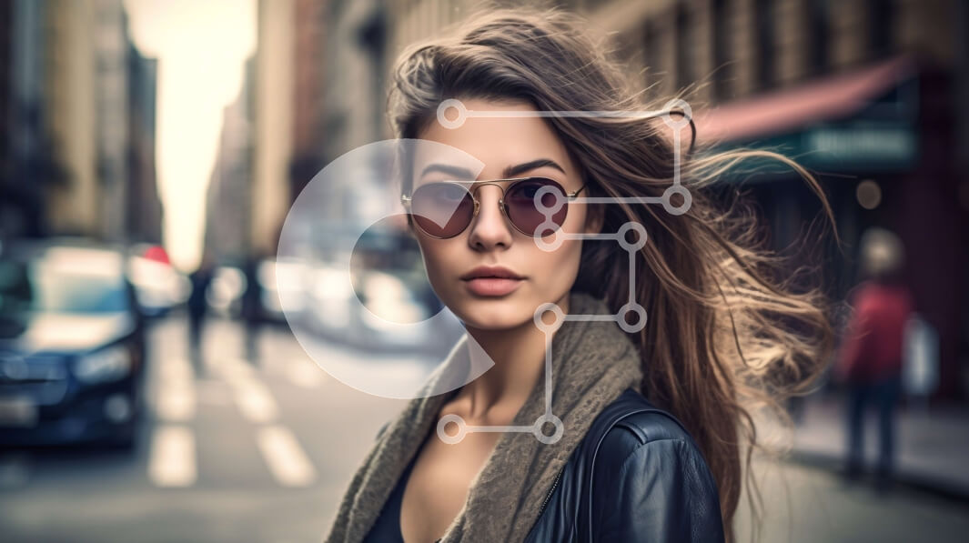 Intra Συλλεκτικό Ξύλινο Παζλ Plywood  4mm - Κομψή γυναίκα που φοράει γυαλιά ηλίου σε έναν πολυσύχναστο δρόμο της πόλης Σε Ξύλινο Κουτί - Διαστάσεις Puzzle: 10x10 cm – 25 κομμάτια