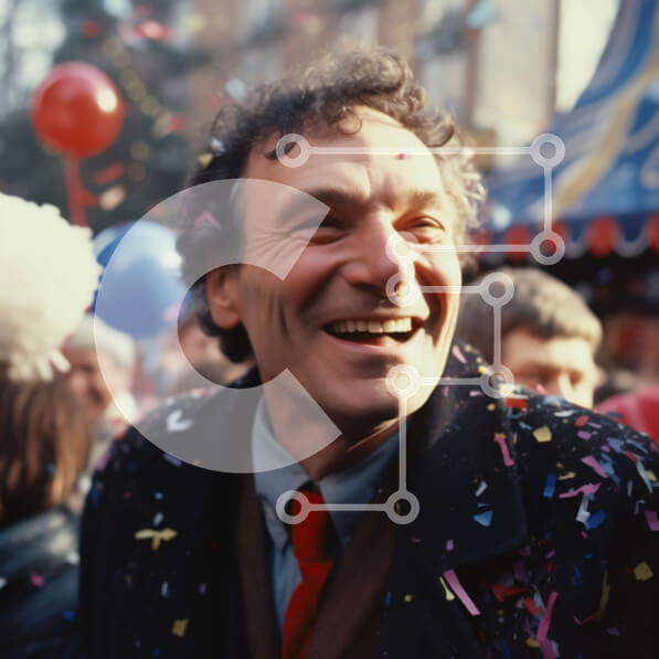 Intra Συλλεκτικό Ξύλινο Παζλ Plywood  4mm - Χαμογελαστός άντρας με μαύρο παλτό και κόκκινη γραβάτα με γκρουπ και κομφετί Σε Ξύλινο Κουτί - Διαστάσεις Puzzle: 10x10 cm – 25 κομμάτια