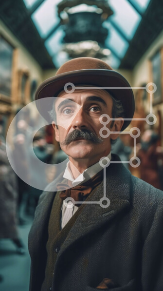 Intra Συλλεκτικό Ξύλινο Παζλ Plywood  4mm - Κομψός άντρας με καπέλο και παπιγιόν που στέκεται στην γκαλερί τέχνης Σε Ξύλινο Κουτί - Διαστάσεις Puzzle: 10x10 cm – 25 κομμάτια