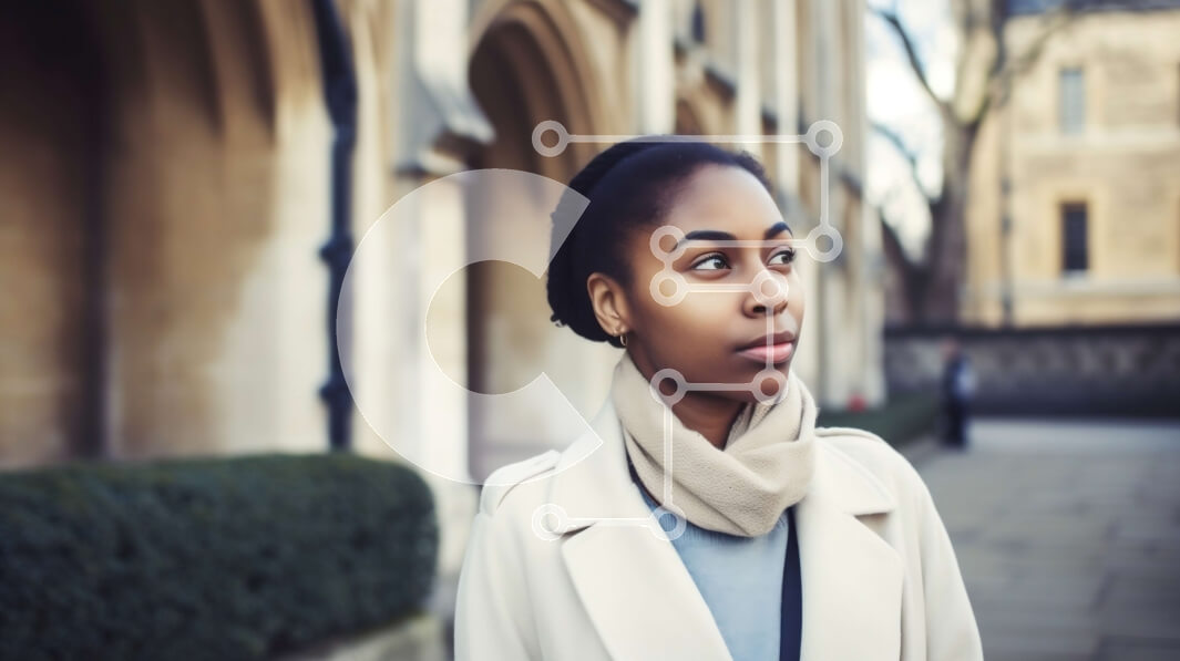 Intra Συλλεκτικό Ξύλινο Παζλ Plywood  4mm - Όμορφη νεαρή γυναίκα με λευκό παλτό που στέκεται στο πεζοδρόμιο μπροστά από το πέτρινο κτίριο Σε Ξύλινο Κουτί - Διαστάσεις Puzzle: 10x10 cm – 25 κομμάτια