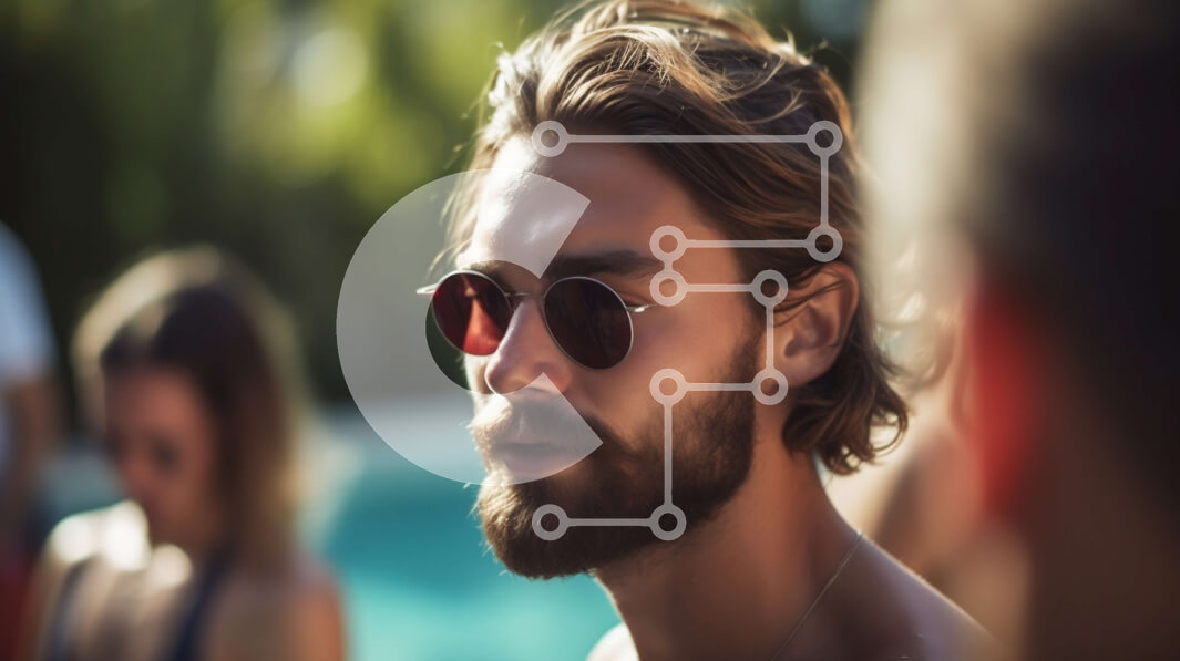 Intra Συλλεκτικό Ξύλινο Παζλ Plywood  4mm - Άνδρας που φοράει γυαλιά ηλίου και γενειάδα δίπλα στην πισίνα με ομάδα ανθρώπων στο παρασκήνιο Σε Ξύλινο Κουτί - Διαστάσεις Puzzle: 10x10 cm – 25 κομμάτια