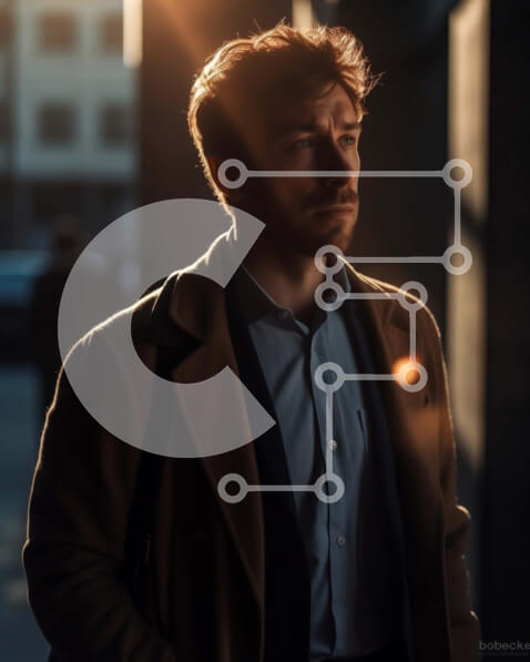 Intra Συλλεκτικό Ξύλινο Παζλ Plywood  4mm - Σοβαρός άνδρας που στέκεται στο πεζοδρόμιο στο ηλιοβασίλεμα Σε Ξύλινο Κουτί - Διαστάσεις Puzzle: 10x10 cm – 25 κομμάτια