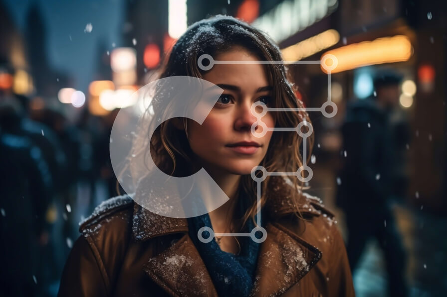 Intra Συλλεκτικό Ξύλινο Παζλ Plywood  4mm - Όμορφη εικόνα μιας γυναίκας με καφέ δερμάτινο μπουφάν σε μια χιονισμένη οδό της πόλης Σε Ξύλινο Κουτί - Διαστάσεις Puzzle: 10x10 cm – 25 κομμάτια