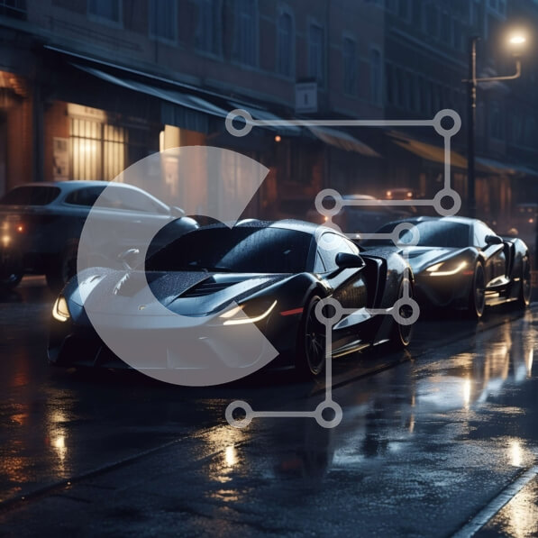 Intra Συλλεκτικό Ξύλινο Παζλ Plywood  4mm - Κομψά και λαμπερά μαύρα υπεραυτοκίνητα σε μια βροχερή οδό της πόλης τη νύχτα Σε Ξύλινο Κουτί - Διαστάσεις Puzzle: 10x10 cm – 25 κομμάτια