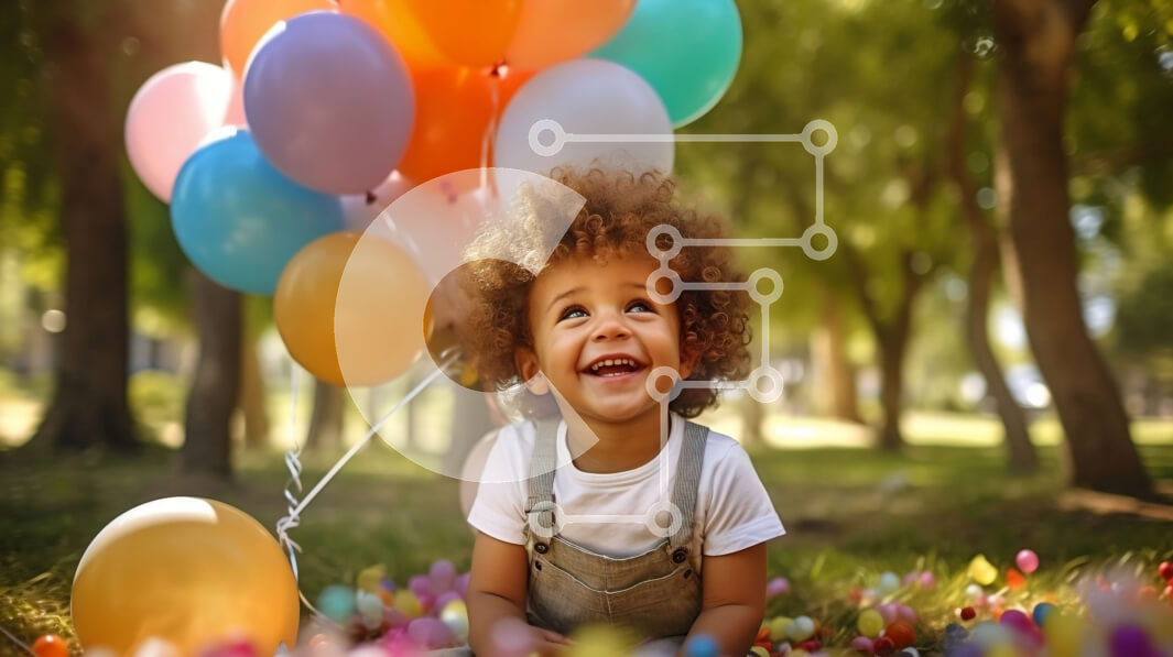 Intra Συλλεκτικό Ξύλινο Παζλ Plywood  4mm - Ευτυχισμένο παιδί που κάθεται σε ένα πάρκο με πολύχρωμα μπαλόνια Σε Ξύλινο Κουτί - Διαστάσεις Puzzle: 10x10 cm – 25 κομμάτια