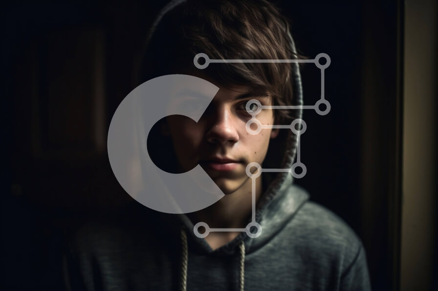 Intra Συλλεκτικό Ξύλινο Παζλ Plywood  4mm - Πορτρέτο νεαρού άνδρα με σοβαρή έκφραση σε γκρι κουκούλα Σε Ξύλινο Κουτί - Διαστάσεις Puzzle: 10x10 cm – 25 κομμάτια