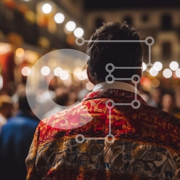 Intra Συλλεκτικό Ξύλινο Παζλ Plywood  4mm - Ζωντανό φεστιβάλ ή αγορά με ποικίλο πλήθος και πολύχρωμο άντρα με λουλουδάτο σακάκι Σε Ξύλινο Κουτί - Διαστάσεις Puzzle: 10x10 cm – 25 κομμάτια