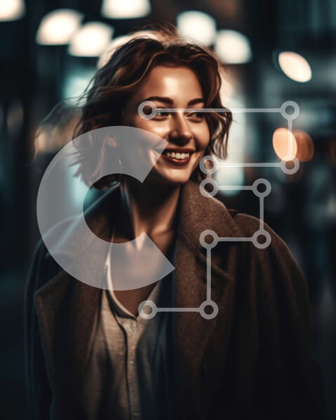 Intra Συλλεκτικό Ξύλινο Παζλ Plywood  4mm - Ευτυχισμένη γυναίκα με καφέ παλτό που στέκεται στο City Street τη νύχτα Σε Ξύλινο Κουτί - Διαστάσεις Puzzle: 10x10 cm – 25 κομμάτια