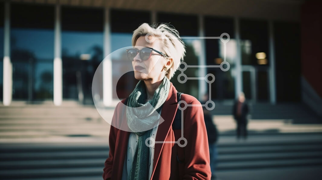 Intra Συλλεκτικό Ξύλινο Παζλ Plywood  4mm - Στοχαστική ηλικιωμένη γυναίκα που στέκεται μπροστά από το κτίριο Σε Ξύλινο Κουτί - Διαστάσεις Puzzle: 10x10 cm – 25 κομμάτια