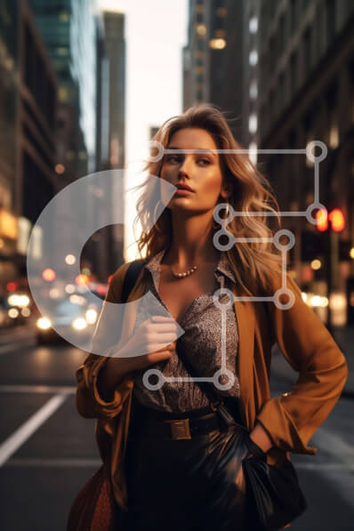 Intra Συλλεκτικό Ξύλινο Παζλ Plywood  4mm - Γυναίκα ουδέτερης έκφρασης με δερμάτινη φούστα στο City Street στο σούρουπο Σε Ξύλινο Κουτί - Διαστάσεις Puzzle: 10x10 cm – 25 κομμάτια