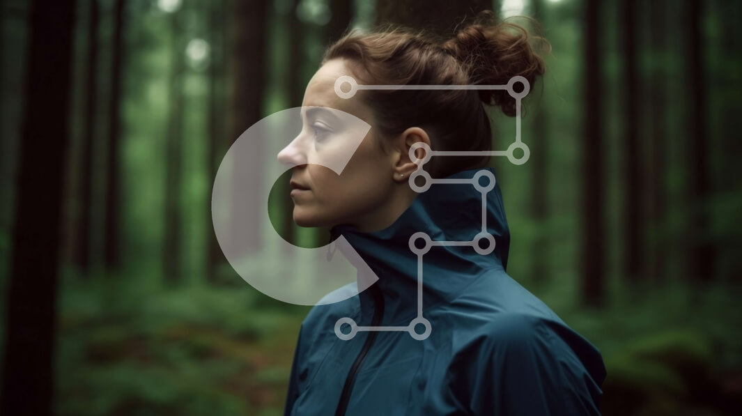 Intra Συλλεκτικό Ξύλινο Παζλ Plywood  4mm - Εκπληκτική εικόνα της γυναίκας με το μπλε μπουφάν βροχής στο δάσος Σε Ξύλινο Κουτί - Διαστάσεις: 10x10 cm – 25 κομμάτια