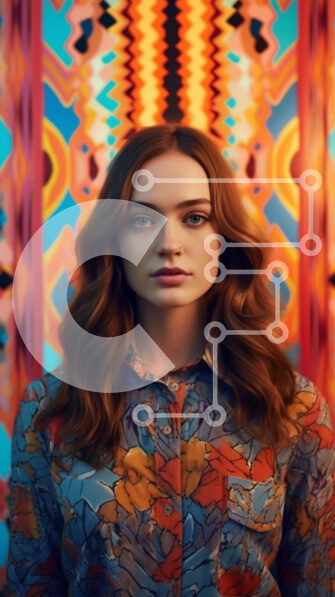 Intra Συλλεκτικό Ξύλινο Παζλ Plywood  4mm - Γυναίκα με μακριά κυματιστά κοκκινοκαφέ μαλλιά με λουλουδάτο πουκάμισο που στέκεται μπροστά από πολύχρωμο τοίχο Σε Ξύλινο Κουτί - Διαστάσεις Puzzle: 10x10 cm – 25 κομμάτια