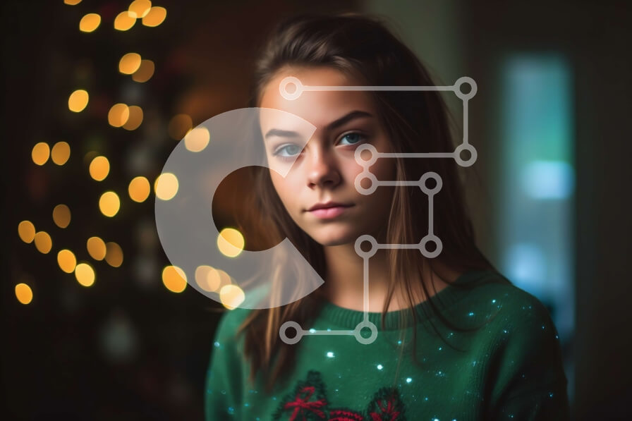 Intra Συλλεκτικό Ξύλινο Παζλ Plywood  4mm - Χαριτωμένη Χριστουγεννιάτικη εικόνα κοριτσιού με πράσινο πουλόβερ με δέντρο στο φόντο Σε Ξύλινο Κουτί - Διαστάσεις: 10x10 cm – 25 κομμάτια