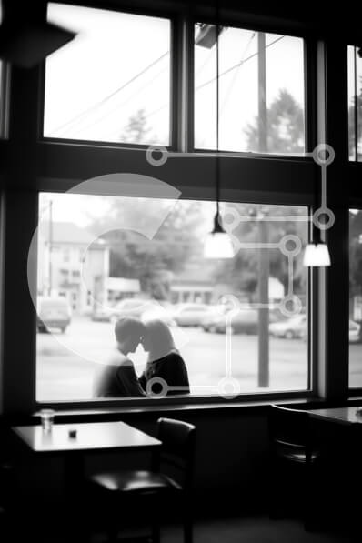 Intra Συλλεκτικό Ξύλινο Παζλ Plywood  4mm - Ρομαντικό ζευγάρι που κοιτάζει έξω από το παράθυρο σε ένα φιλόξενο εστιατόριο Σε Ξύλινο Κουτί - Διαστάσεις Puzzle: 10x10 cm – 25 κομμάτια