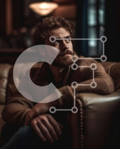 Intra Συλλεκτικό Ξύλινο Παζλ Plywood  4mm - Άνδρας που κάθεται στον δερμάτινο καναπέ με σοβαρή έκφραση Σε Ξύλινο Κουτί - Διαστάσεις Puzzle: 10x10 cm – 25 κομμάτια