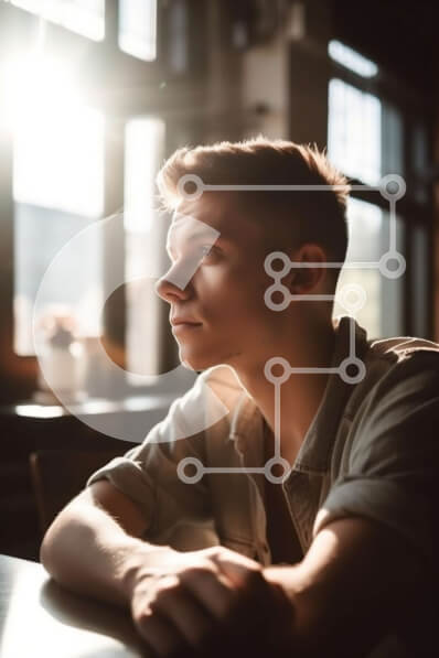 Intra Συλλεκτικό Ξύλινο Παζλ Plywood  4mm - Πορτρέτο ενός νεαρού άνδρα που έχει χαθεί στη σκέψη σε ένα αμυδρά φωτισμένο δωμάτιο Σε Ξύλινο Κουτί - Διαστάσεις Puzzle: 10x10 cm – 25 κομμάτια