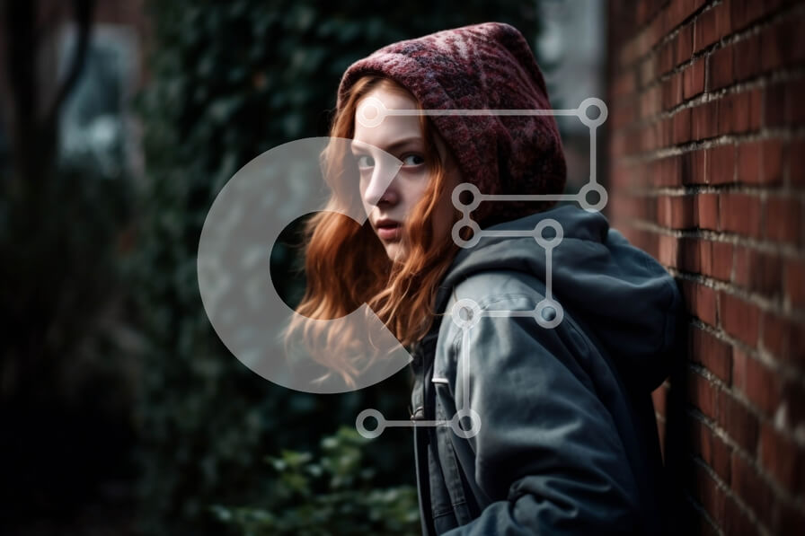 Intra Συλλεκτικό Ξύλινο Παζλ Plywood  4mm - Κομψή κοκκινομάλλα γυναίκα που ακουμπάει σε έναν τοίχο από τούβλα Σε Ξύλινο Κουτί - Διαστάσεις Puzzle: 10x10 cm – 25 κομμάτια