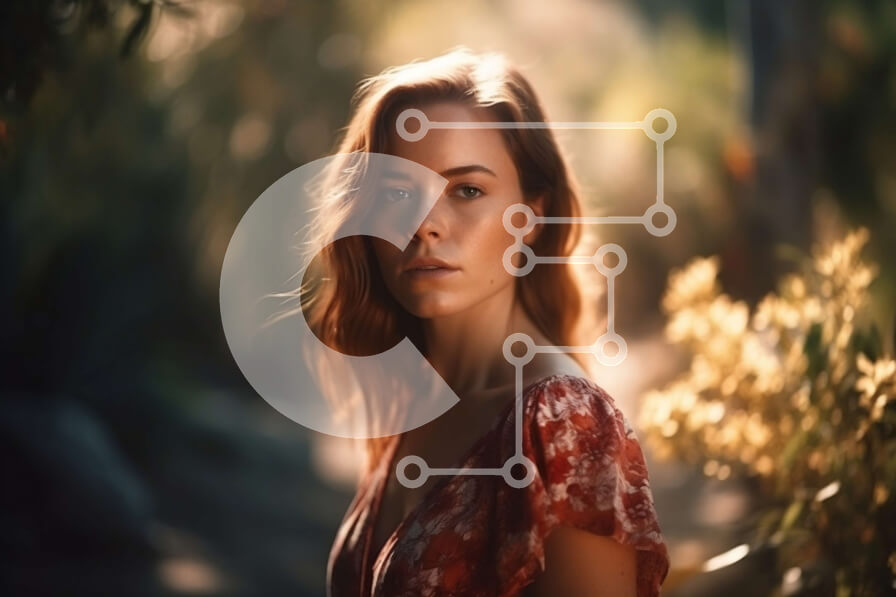 Intra Συλλεκτικό Ξύλινο Παζλ Plywood  4mm - Στοχαστική γυναίκα με κόκκινο λουλουδάτο φόρεμα που στέκεται στο δάσος Σε Ξύλινο Κουτί - Διαστάσεις: 10x10 cm – 25 κομμάτια