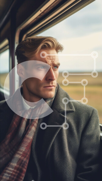 Intra Συλλεκτικό Ξύλινο Παζλ Plywood  4mm - Άνδρας που φορά παλτό και κασκόλ κοιτάζοντας έξω από το παράθυρο του τρένου Σε Ξύλινο Κουτί - Διαστάσεις Puzzle: 10x10 cm – 25 κομμάτια