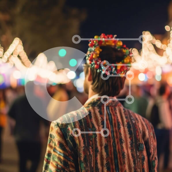 Intra Συλλεκτικό Ξύλινο Παζλ Plywood  4mm - Εορταστική νύχτα με άνδρα που φορά πολύχρωμο σάλι και στέμμα λουλουδιών Σε Ξύλινο Κουτί - Διαστάσεις Puzzle: 10x10 cm – 25 κομμάτια