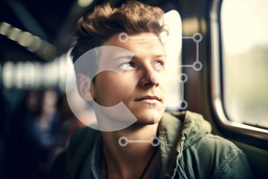 Intra Συλλεκτικό Ξύλινο Παζλ Plywood  4mm - Νεαρός άνδρας με πράσινο σακάκι σε κινούμενο τρένο | Φωτογραφία Αρχείου Σε Ξύλινο Κουτί - Διαστάσεις Puzzle: 10x10 cm – 25 κομμάτια