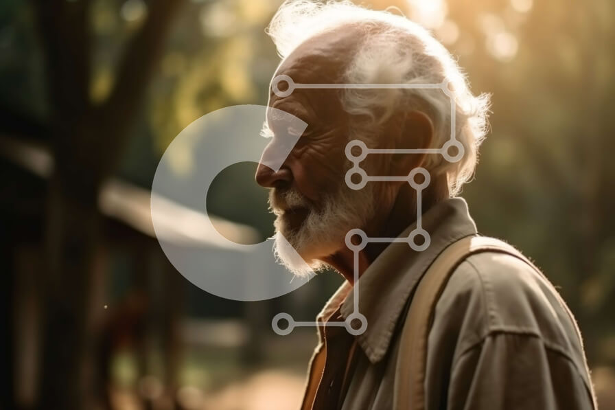 Intra Συλλεκτικό Ξύλινο Παζλ Plywood  4mm - Πορτρέτο ενός ηλικιωμένου άνδρα με ένα καφέ γιλέκο που στέκεται μπροστά από έναν ξύλινο φράκτη Σε Ξύλινο Κουτί - Διαστάσεις Puzzle: 10x10 cm – 25 κομμάτια