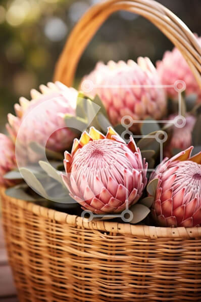 Σετ των 2 Intra Συλλεκτικό Ξύλινο Παζλ Plywood  4mm - Ροζ λουλούδια Protea σε ψάθινο καλάθι σε τραπέζι εξωτερικού χώρου Σε Ξύλινο Κουτί - Διαστάσεις: 10x10 cm – 25 κομμάτια